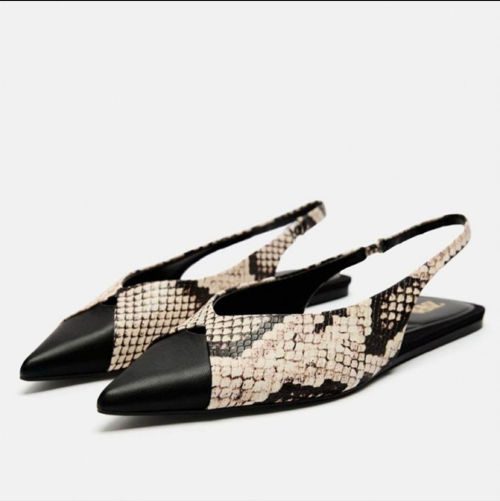 Zara Black & Snake Print Pointed Slingback Flats
